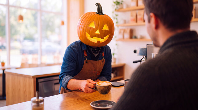 Barista with glowing pumpkin head serving fresh latte coffee art to customer in cozy autumn cafe setting.