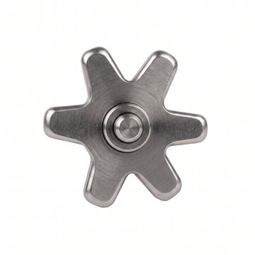 Macro of an equestrian spur rowel. Machined steel wheel with blunt, rounded metallic star points rotating on a central pin.