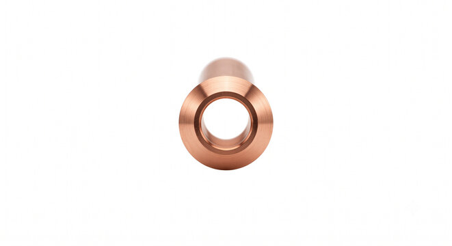 Extreme macro of a copper flare fitting end. Machined copper tube expanded into a smooth 45-degree conical flange for HVAC.
