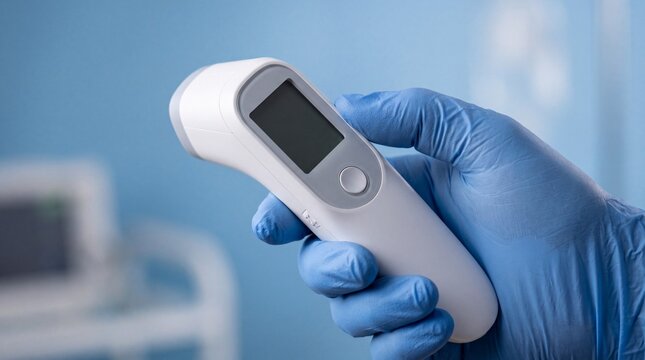 A medical wearing blue latex gloves holding a white digital infrared thermometer to measure ad social media download thambnail poster web template event festival 2026 2027 2028