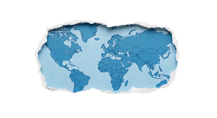 Torn paper reveals a textured blue world map with continents and countries © Sapphire