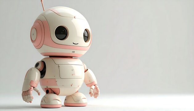 Cute small white and pink robot toy standing on a white background.