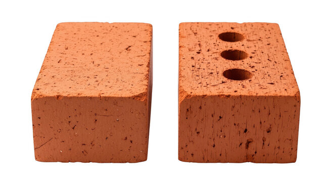 Red clay bricks with and without holes isolated on transparent background