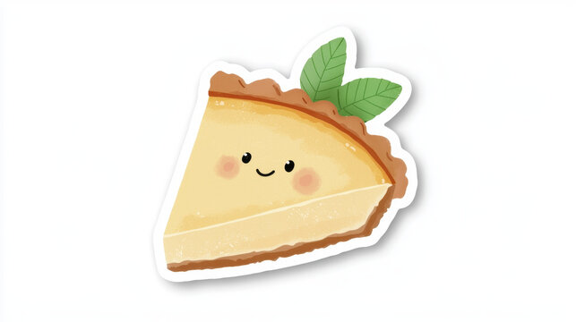 Cute apple pie slice with smiling face and mint leaves on top, perfect for stickers or decorations