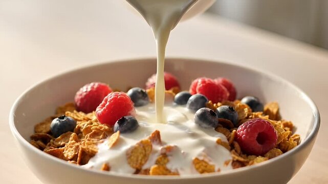 Pouring Fresh Milk into Breakfast Cereal Bowl with Raspberries and Blueberries