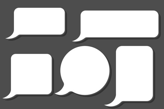 White speech bubbles and dialog boxes illustration featuring diverse chat balloon shapes and dark drop shadow backgrounds for user interface and communication design template