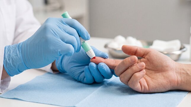 A medical wearing blue latex gloves uses a lancet device to prick a patient finger for a ad social media download thambnail poster web template event festival 2026 2027 2028