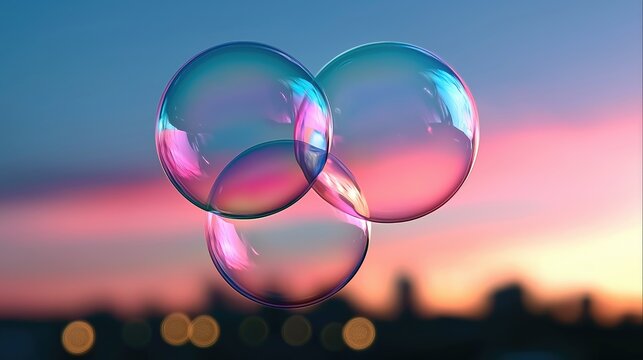 Three intersecting soap bubbles with iridescent reflections against a sunset sky