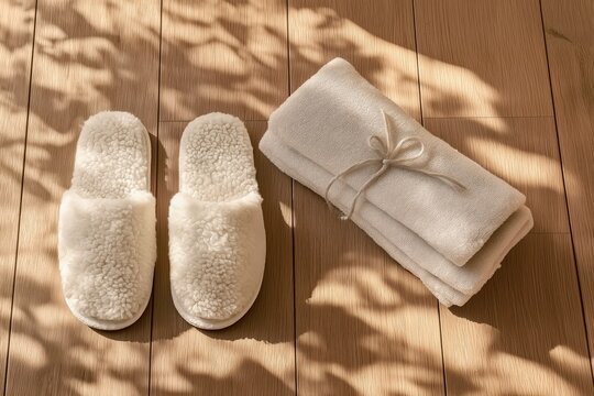 Pair of white sherpa slippers and folded linen towel on wood floor