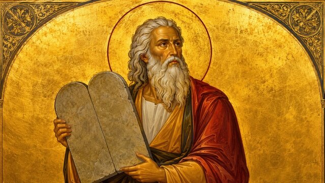 Prophet Moses holding the Ten Commandments tablets in Byzantine icon style on radiant golden background artwork