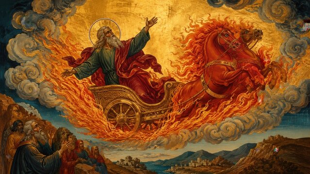 Prophet Elijah ascending to heaven in fiery chariot surrounded by flames and faithful witnesses icon style artwork