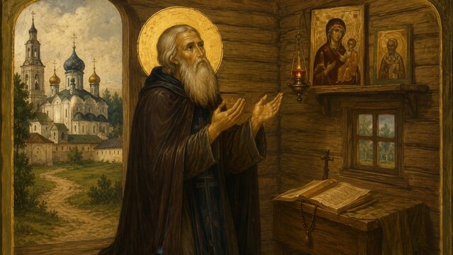 Orthodox monk praying before holy icons in wooden chapel with ancient monastery on peaceful landscape background