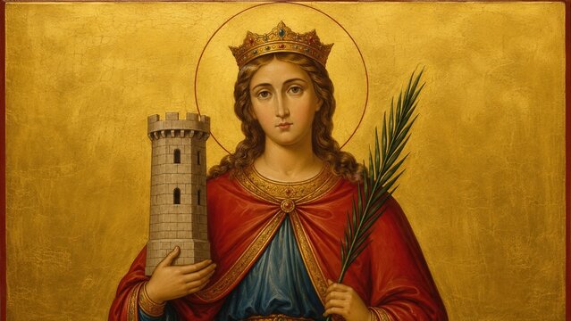 Saint Barbara holding tower and palm branch in traditional Byzantine Orthodox icon with golden background artwork