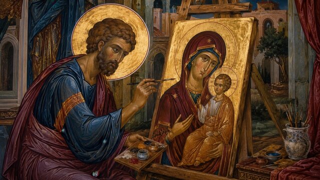 Saint Luke painting the Virgin Mary with Child icon in traditional Byzantine style sacred Christian artwork