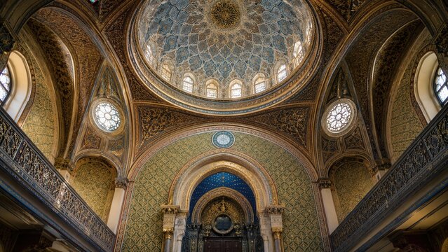 Ornate synagogue interior with magnificent dome and intricate architectural details celebrating Jewish heritage and faith