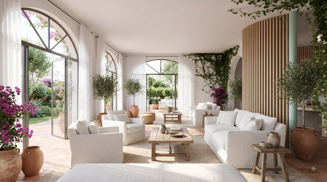 Airy Mediterranean Living Room with Arched Windows and Olive Trees