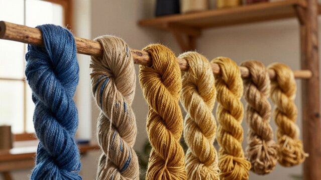 Colorful yarn skeins hang neatly on a rustic wooden rod inside a cozy textile workshop, showcasing natural fibers and artisanal craftsmanship.