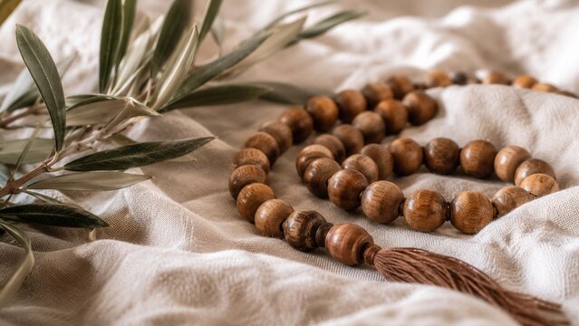 Wooden prayer beads with olive branch on natural linen fabric creating peaceful spiritual meditation background