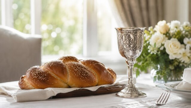 Traditional challah bread with silver kiddush cup on festive Shabbat table in elegant home dining setting