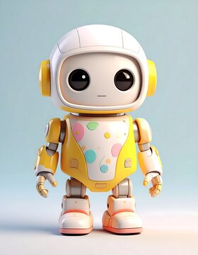 Cute small yellow and white toy robot with polka dot design.