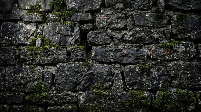 Ancient stone wall with moss and lichen texture background exterior
