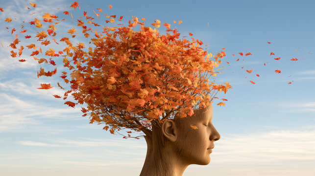 Surreal human head transforming into autumn tree with flying leaves symbolizing memory change and mental wellness