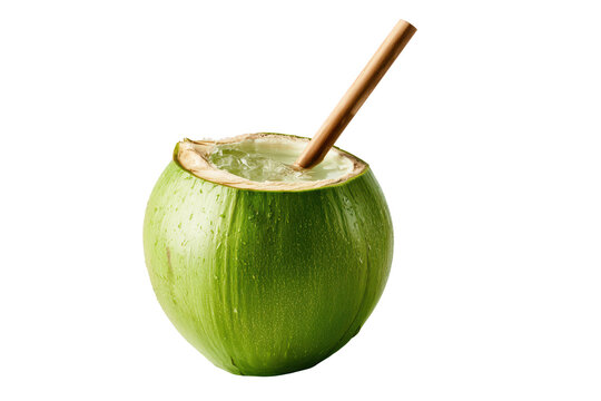 Fresh young coconut with bamboo straw serving refreshing coconut water drink