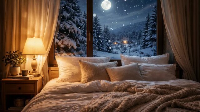 Cozy bedroom with winter forest view through window under moonlight creating peaceful nighttime atmosphere