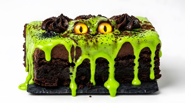Halloween brownie with green slime icing and monster eyes isolated on white background