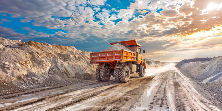 Heavy-duty dump truck transporting potash fertilizer along a dirt road in an open mining area under a bright sky with scattered clouds and sunlight