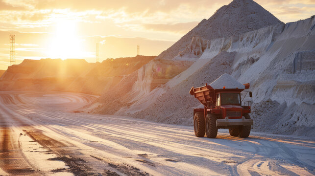 Heavy-duty dump truck transporting potash fertilizer on a mining site during sunset, with large piles of extracted minerals and machinery in the background