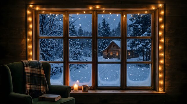 Cozy winter window view with falling snow, warm interior with fairy lights and armchair, snowy forest landscape outside a rustic cabin window