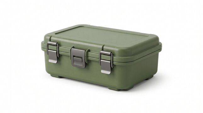 Compact Olive Green Hard Shell Storage Case with Secure Metal Latches for Outdoor Gear and Lunch Organization Isolated on White Background