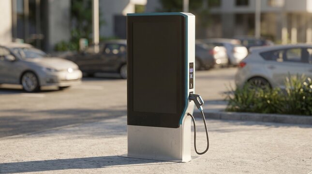 EV charging station mockup with blank portrait digital screen in parking lot