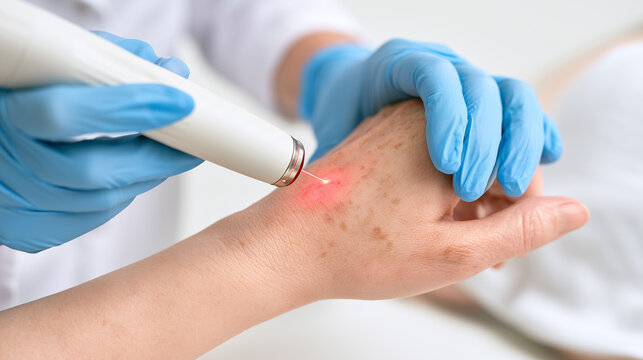 Age spot laser treatment on senior woman's hand during professional dermatology skin rejuvenation procedure	