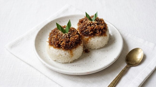 Two round portions of Indonesian ketan unti kelapa, glutinous sticky rice topped with sweet palm sugar coconut and sesame seeds on a ceramic plate.