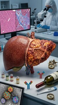 Liver disease research: hepatitis analysis, cellular damage, viral infection, cirrhosis progress, hepatic study, tissue histology, steatosis pathology, fibrosis development, medical diagnosis.