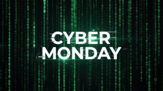 Cyber Monday Cyber Monday promotional graphic with falling binary data streams and high contrast digital typography on dark screen