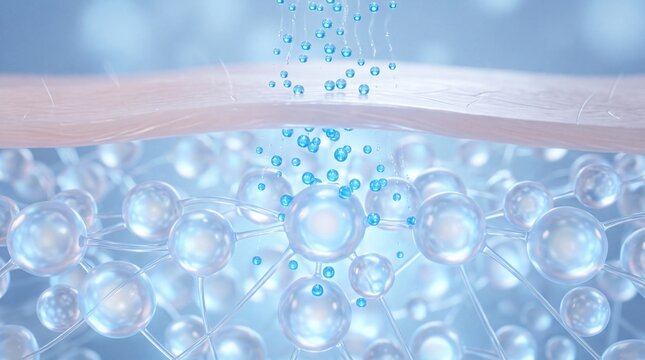 3D illustration of blue serum droplets penetrating human skin layer showcasing deep hydration hyaluronic acid treatment collagen repair and advanced skincare technology research