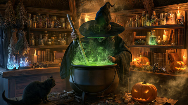 Halloween witch brewing glowing green magic potion in haunted cabin with pumpkins and black cat