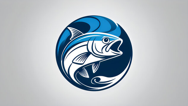 Jumping tuna fish logo emblem in a blue circle