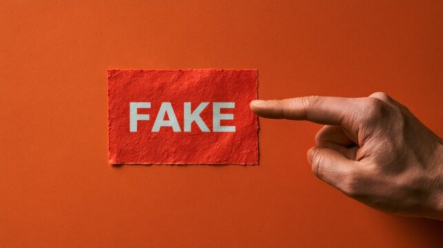 Word fake displayed on red paper by pointing finger
