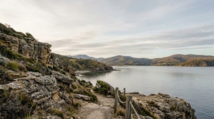 Fototapeta premium Coastal landscape rocky path overlooking water