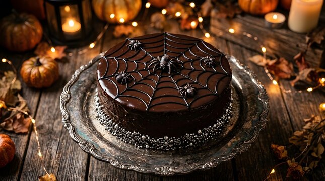 Elegant chocolate halloween cake with spider web icing and multiple spiders on a silver platter with fairy lights