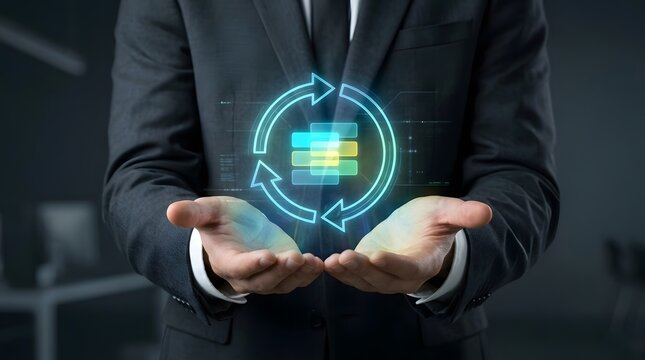 A business professional holding a glowing digital icon representing data synchronization and cloud storage technology in a dark office