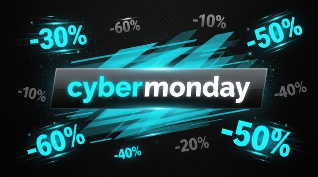 Cyber Monday Cyber Monday text overlay on dark background with floating blue percentage discount symbols and abstract motion light effects