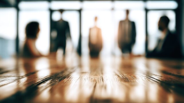 Blurred business people in meeting room with wooden table foreground