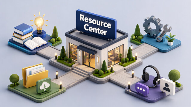 3D isometric building model with "Resource Center" sign surrounded by books, tools, folders, and headphones