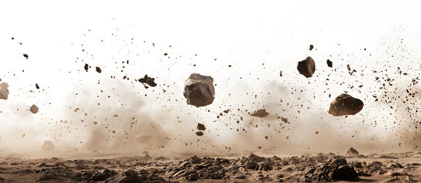 A white banner with falling rocks, dust, and debris as its illustration.