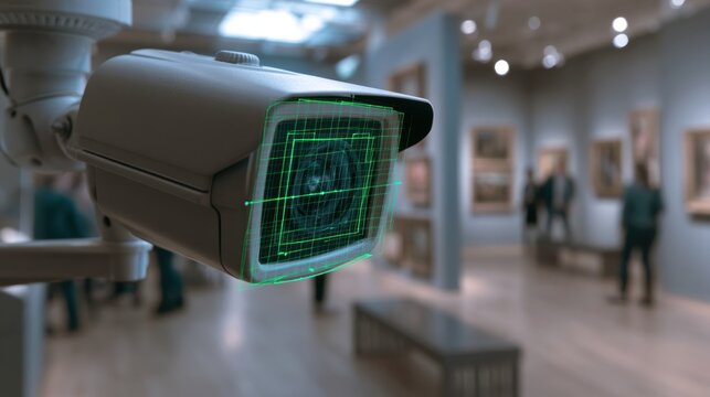 Surveillance camera with digital overlay in art gallery